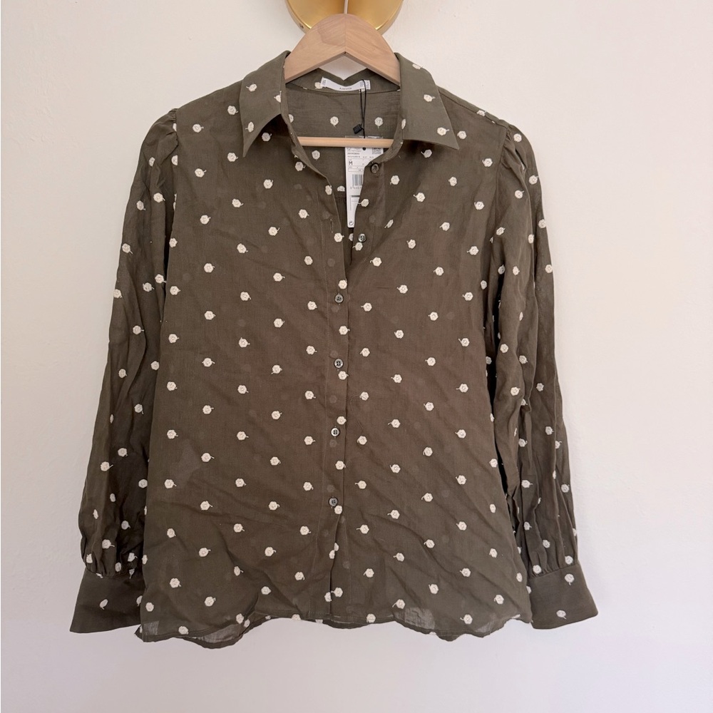 NWT Mango - Embroidered Polka Dot Blouse in Olive Green - Size Medium